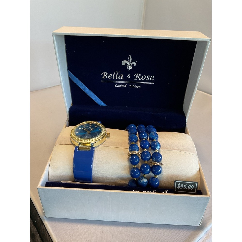 Bella & Rose Limited Edition Watch And Bracelet Set Blue With  Gold Tones